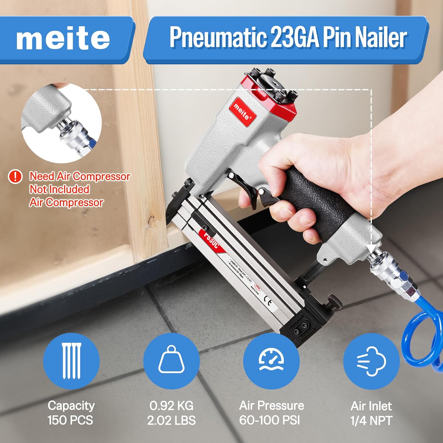 BRAND, CATEGORY, MEITE, PINNERS, meite P630C Pin Nailer, Pneumatic Micro 23 Gauge Pin Nailer Gun, Accept 3/8-Inch to 1-3/16-Inch 23Ga Pin Nails, Ideal for Cabinets, Paneling, Crafts, Picture Frames